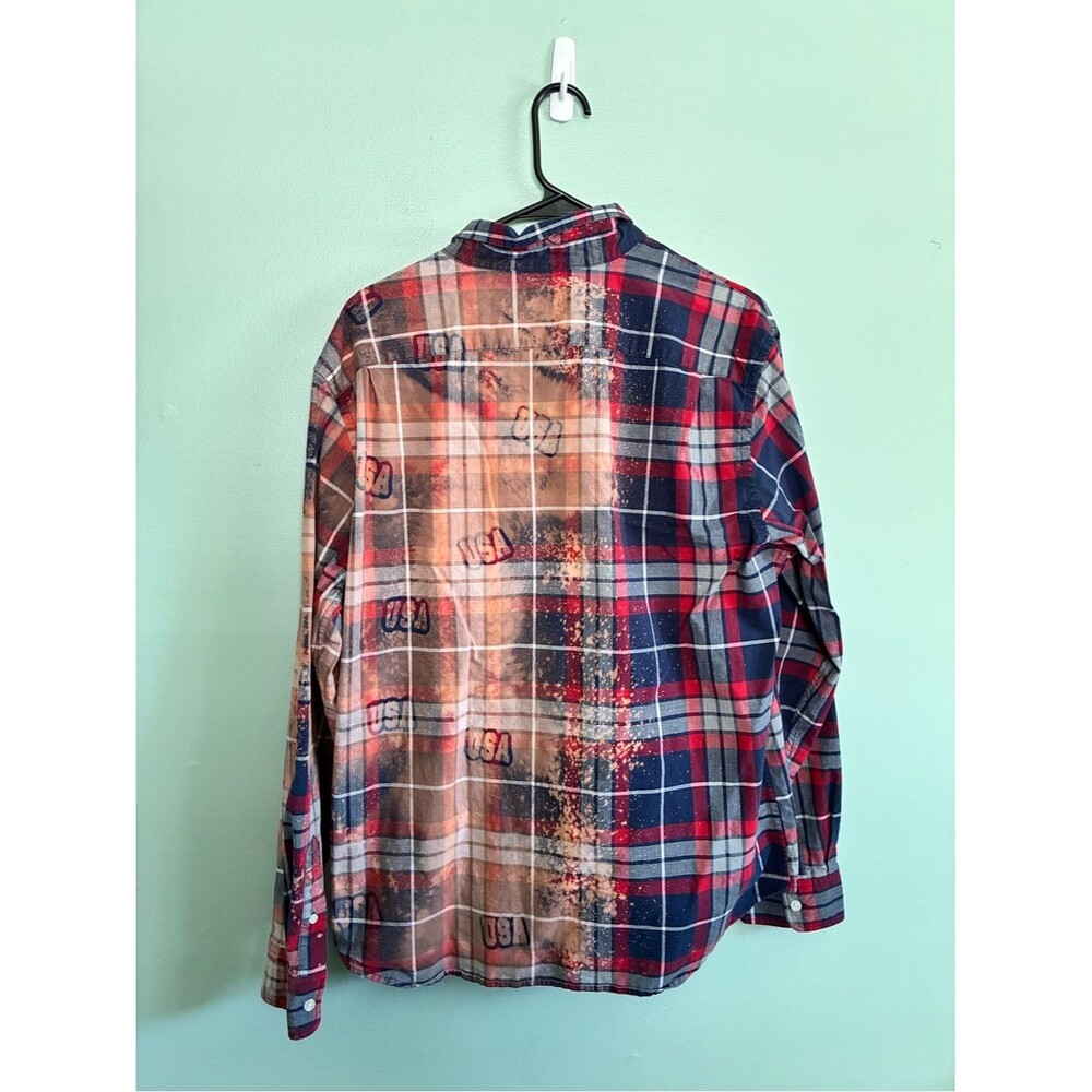 Homemade Bleached USA Patriotic 4th of July America Flannel Mens XL Wom 2XL